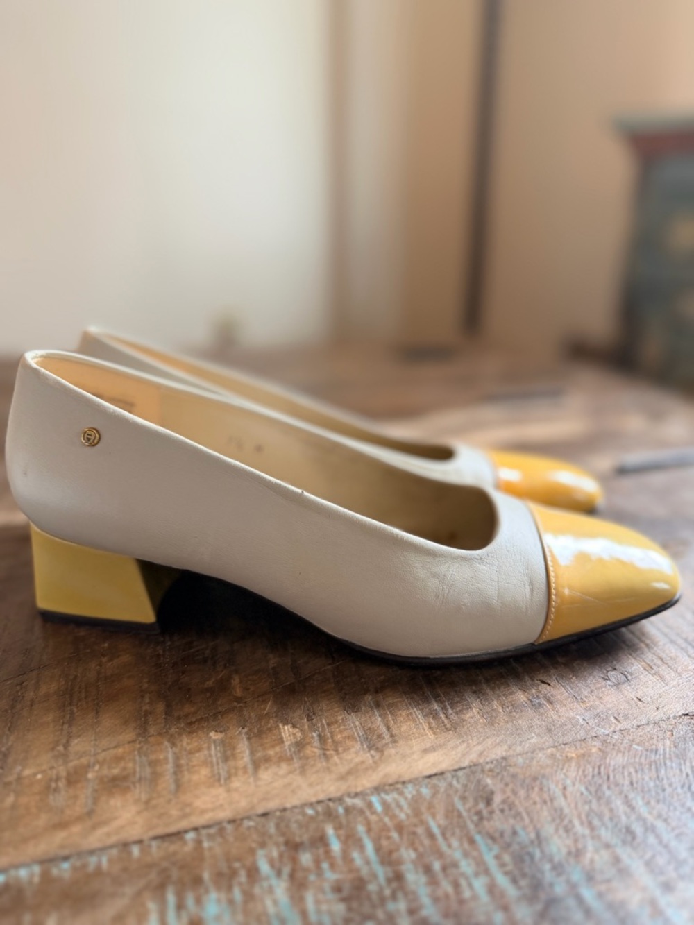 Etienne Aigner Cream and Yellow Block Heel Pumps